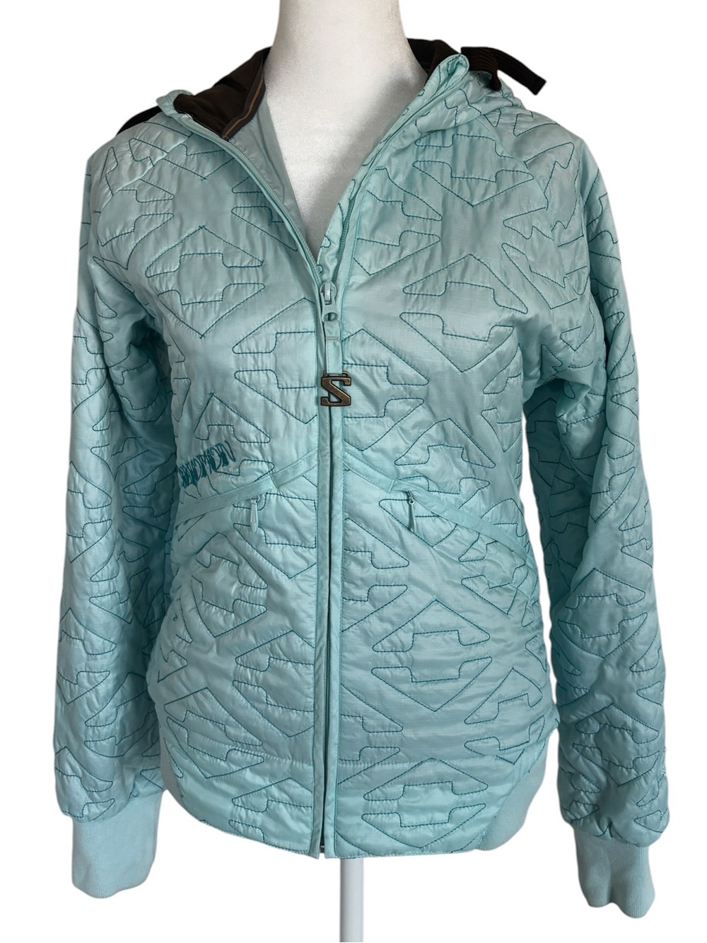 Salomon Light Puffy Aqua and Brown trimmings Quilted Hooded Jacket Size S